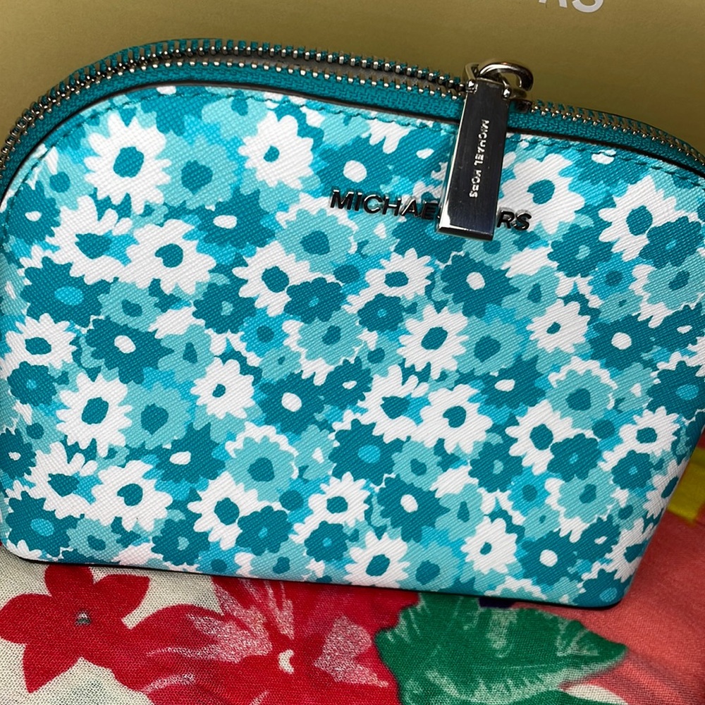 Michael Kors Turquoise Teal Floral Cosmetic Pouch
